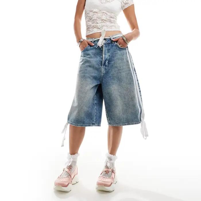 Bermuda en jean pour femme, décontracté, taille moyenne, rayures latérales, imprimé, jambes larges, 