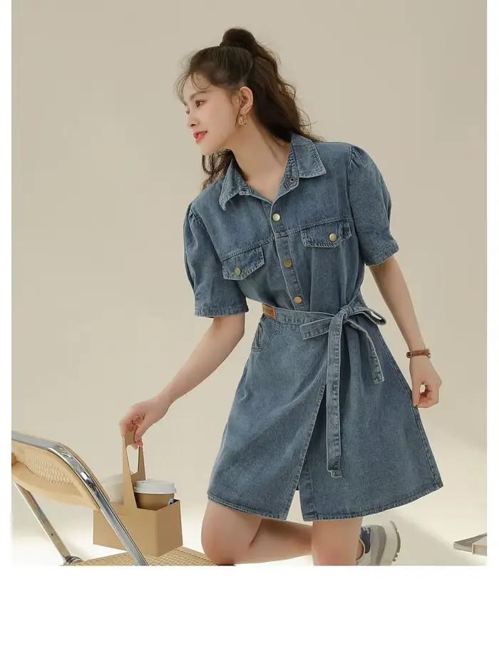 Robe en denim à simple boutonnage pour femme, style port rétro, manches courtes, amincissant, commpi