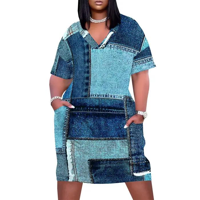 Robe imprimée en jean grande taille pour femmes, t-shirt décontracté à col en V, avec poches, été