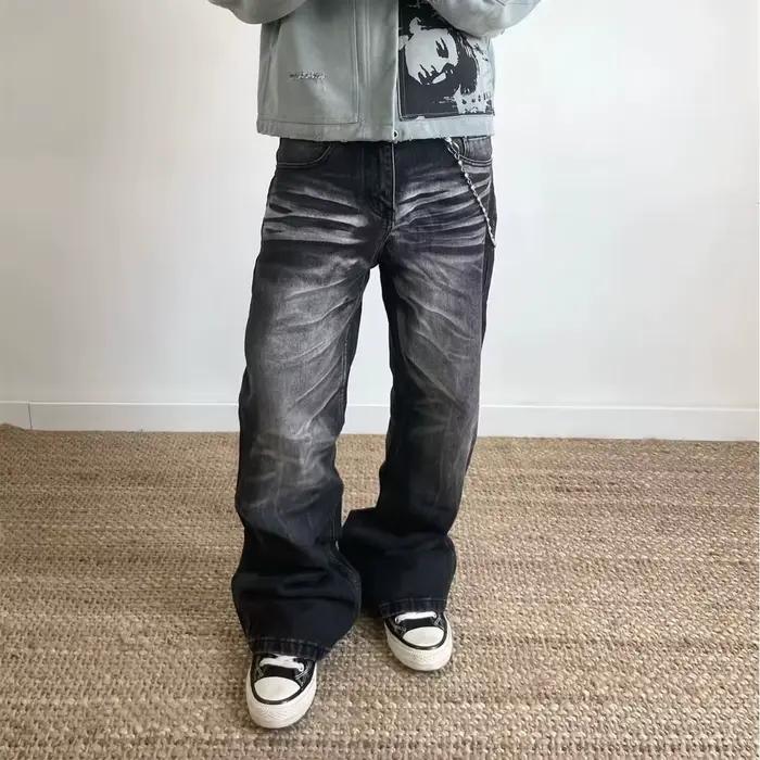Jean noir rétro pour homme à motif moustaches de chat, coupe droite, taille haute, style streetwear 
