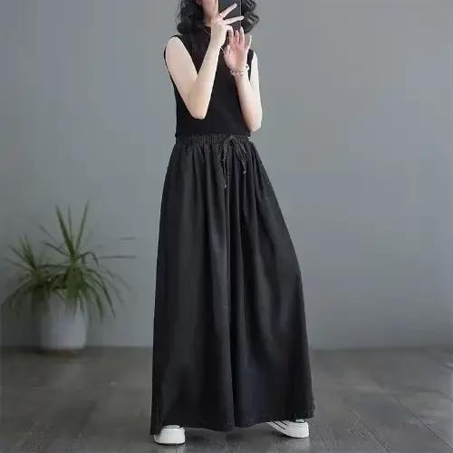 Pantalon en Denim relaxant à jambes larges pour femmes, mode d'été, taille élastique, couleur unie, 