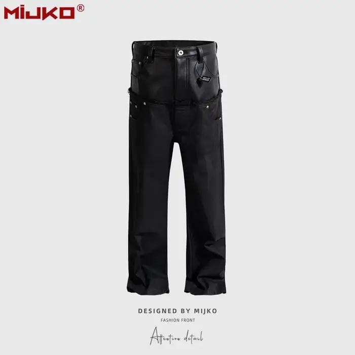 MIJKO Jeans droits en denim avec empiècements en PU, délavé effet vieilli, brossé ZJ158