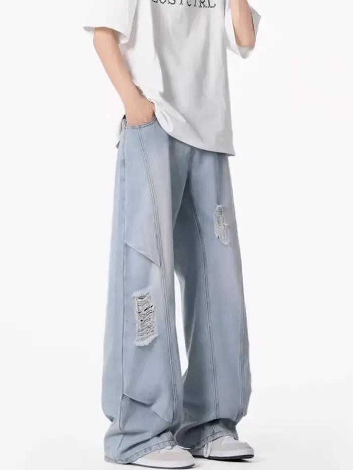 Jean déchiré style Hip Hop américain pour homme, coupe droite ample, denim délavé, style Y2K vintage