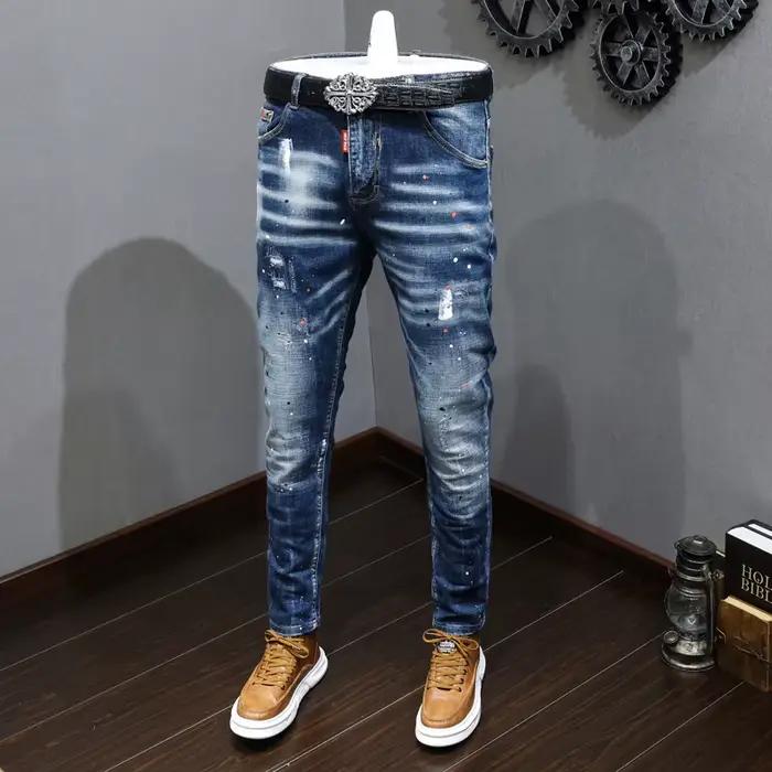 Créateur de mode hommes jean rétro bleu Stretch coupe ajustée peint déchiré jean hommes Style coréen