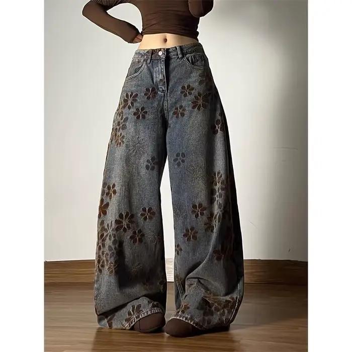 Femmes bleu Baggy Y2k Jean Vintage Harajuku taille haute broderie Jean pantalon américain années 200