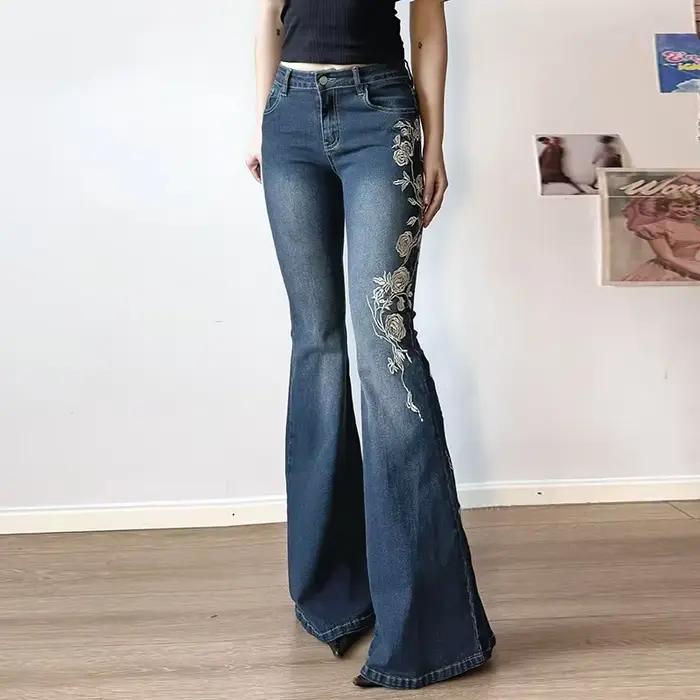 Jean Baggy rétro Y2k pour femmes, broderie florale, Vintage des années 2000, taille basse, pantalon 