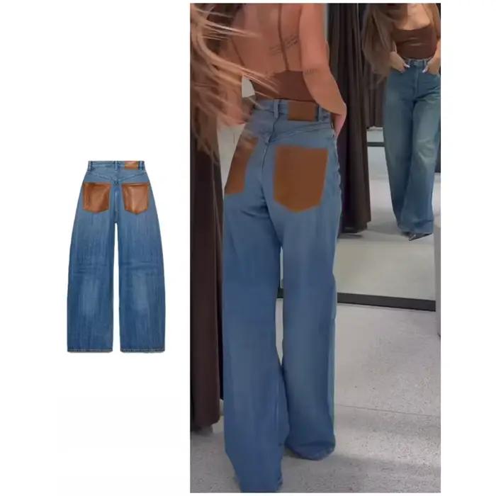 Jean chic à strass étoiles brillantes pour femme – Pantalon long droit taille mi-haute décontracté e