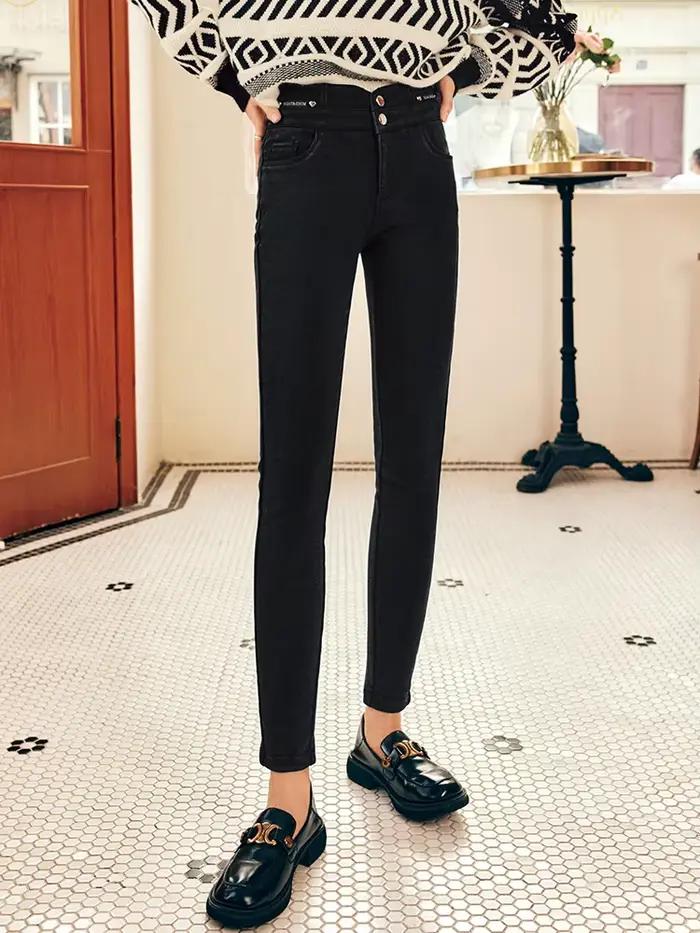 OLrain Jean noir pour femme, hiver 2026, taille haute, doublé polaire, coupe skinny, pantalon chaud 