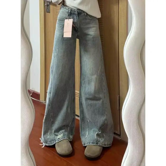 Jean ample rétro américain pour femme, coupe droite taille haute amincissante, style urbain tendance