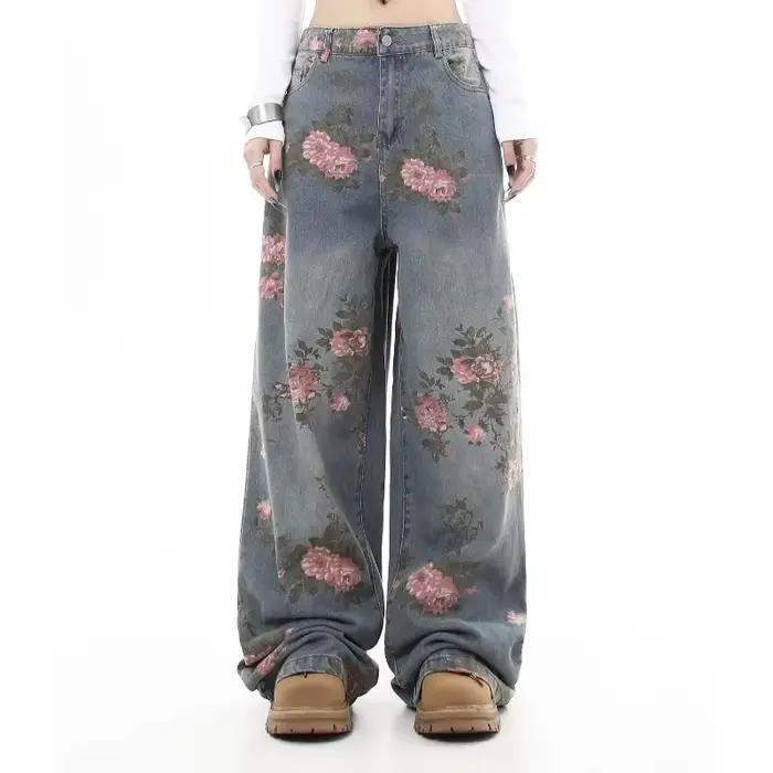 Jean Baggy à fleurs bleues pour femmes Y2K, Harajuku japonais, esthétique, taille haute, jambes larg