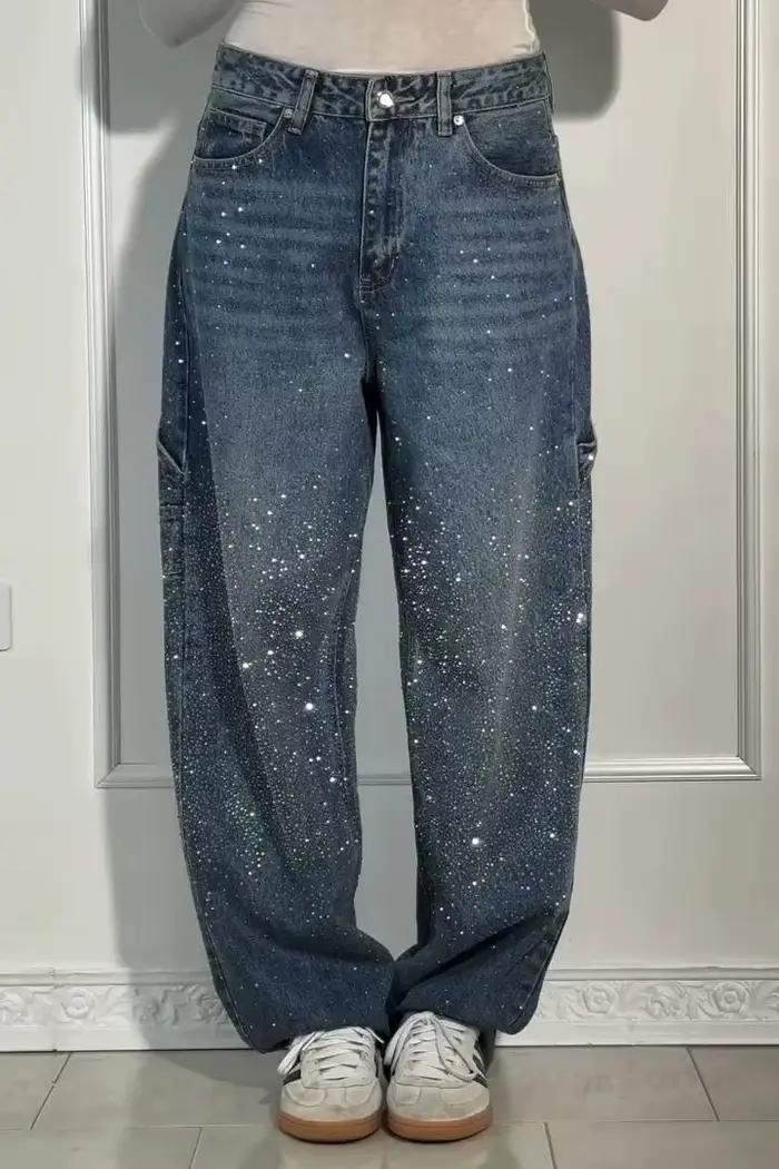 Jean en jean brodé d'étoiles pour femmes, pantalon en Denim vieilli avec détails scintillants, Stree