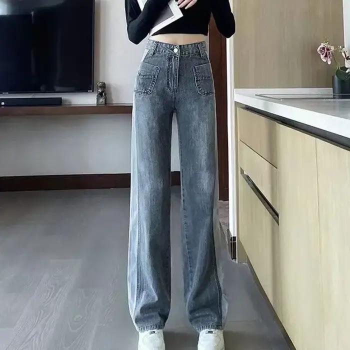 Jean Gris avec Poches pour Femme, Pantalon Taille Haute, Jambes Droites, FjStreetwear des Années 90,