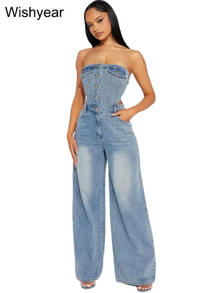 Combinaison en Denim bleu pour femmes, épaules dénudées, taille haute, Slim, droite, jambes larges, 