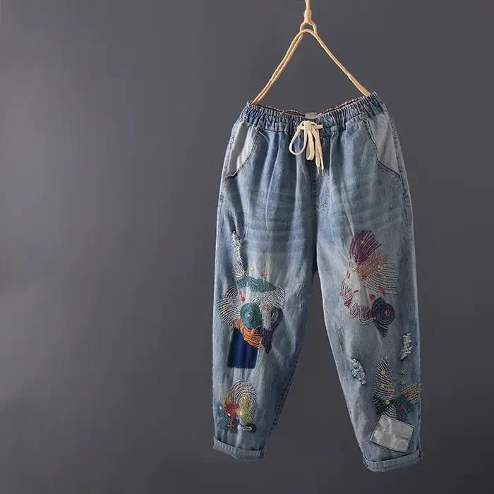 Jean Vintage Délavé pour Femme, Pantalon en Denim, Longueur Mollet, Style Sarouel, Broderie Ache, 23