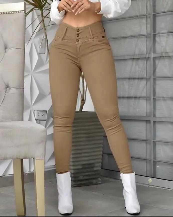 Femmes couleur unie longue mince kaki taille haute pantalon serré longueur cheville pantalon pantalo