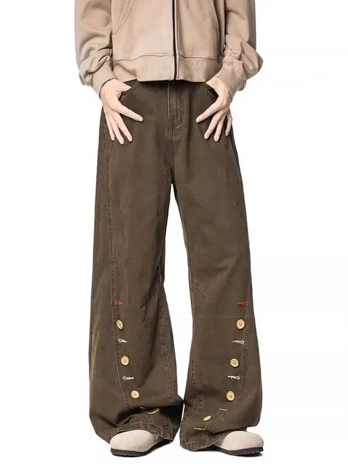 Nouveau Jean Homme Rétro à Boutons Marron Coupe Ample Décontracté Droit Courbé en Denim Printemps 20