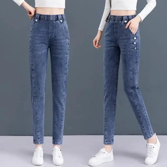 Jeans College rétro déFlexpour femmes, pantalons en denim, pantalons sarouel, taille élastique, mode