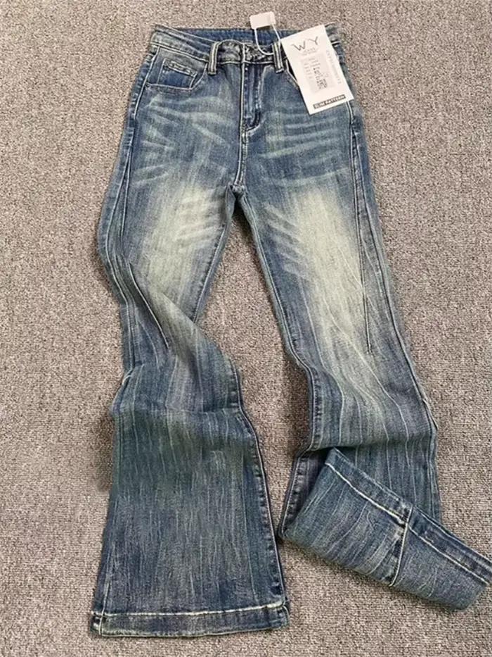 Jeans évasés bleus pour femmes, bas de cloche confortables, denim mince, streetwear rétro américain,