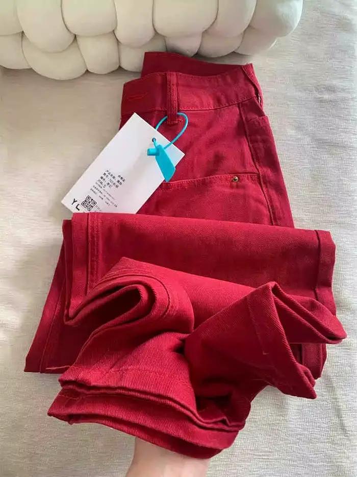 Jean rouge de Style américain pour femmes, nouveau Design, taille haute, ample, droit, jambes larges