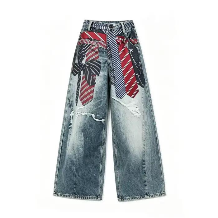 Jeans bleus pour femmes Y2k Gyaru Punk, pantalon en denim surdimensionné à imprimé 3D, vintage, hip-