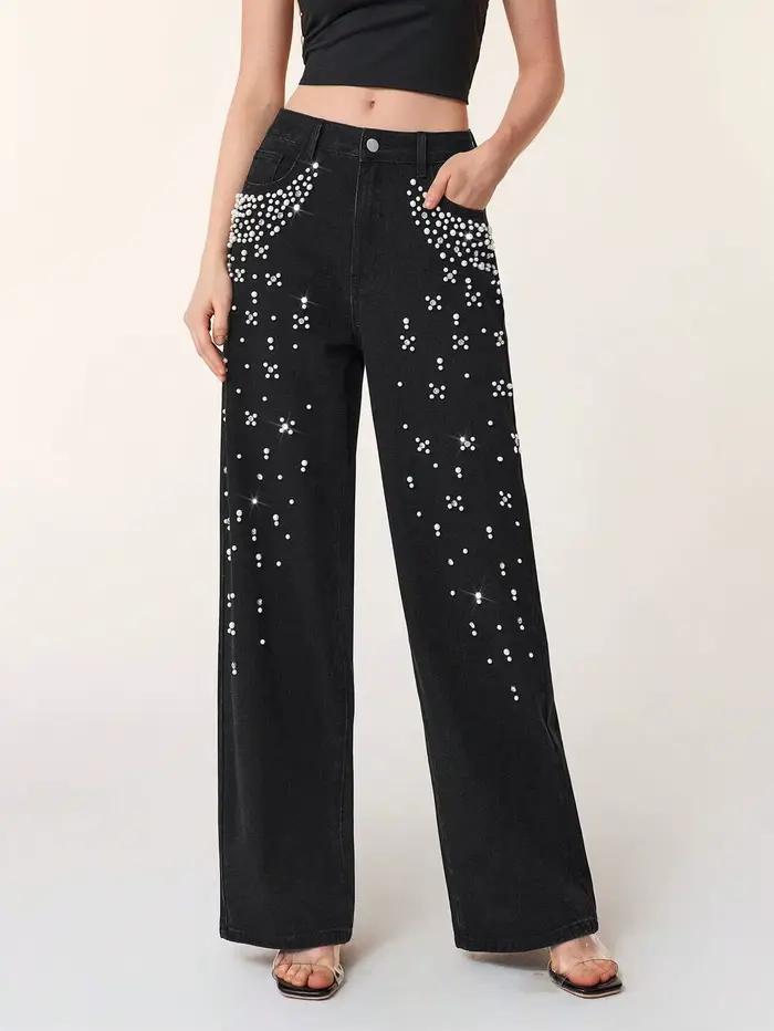 Jean droit ample effet amincissant 2026 pour femme, pantalon long perlé taille haute avec fermeture 