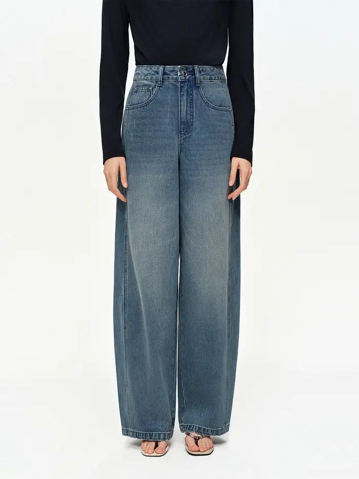 DUSHU 2026 printemps exclusif rétro taille haute jean bleu lavé coton ligne incurvée BF Baggy pantal