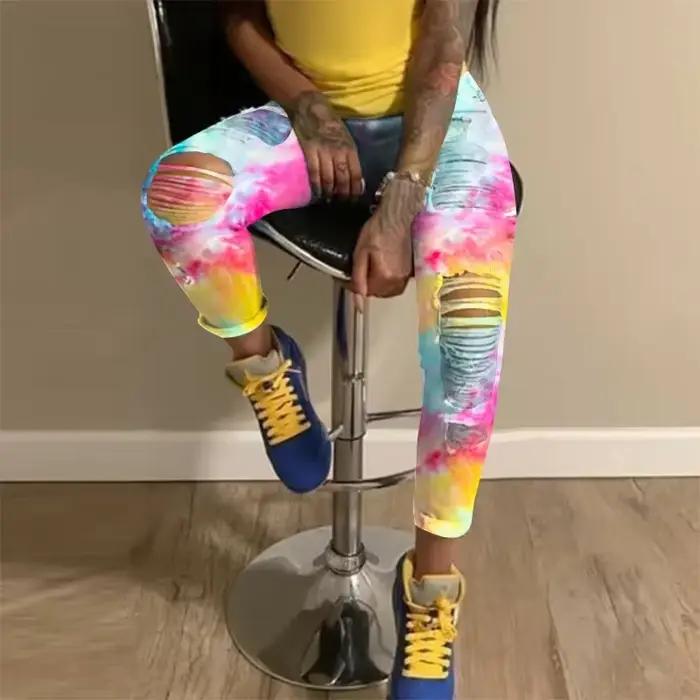 Jean Déchiré en Denim Jaune pour Femme, Pantalon Crayon, Taille Haute, Slim, Amissié, Sexy, Nouvelle