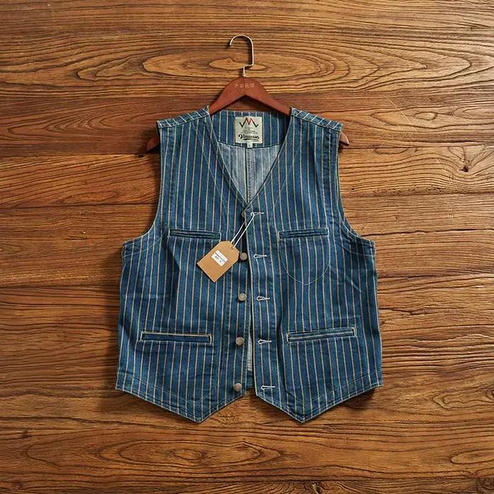 Mai kaki denim gilet hommes mode vintage do vieux rayé gilet multi-poches col en v plié porter cargo