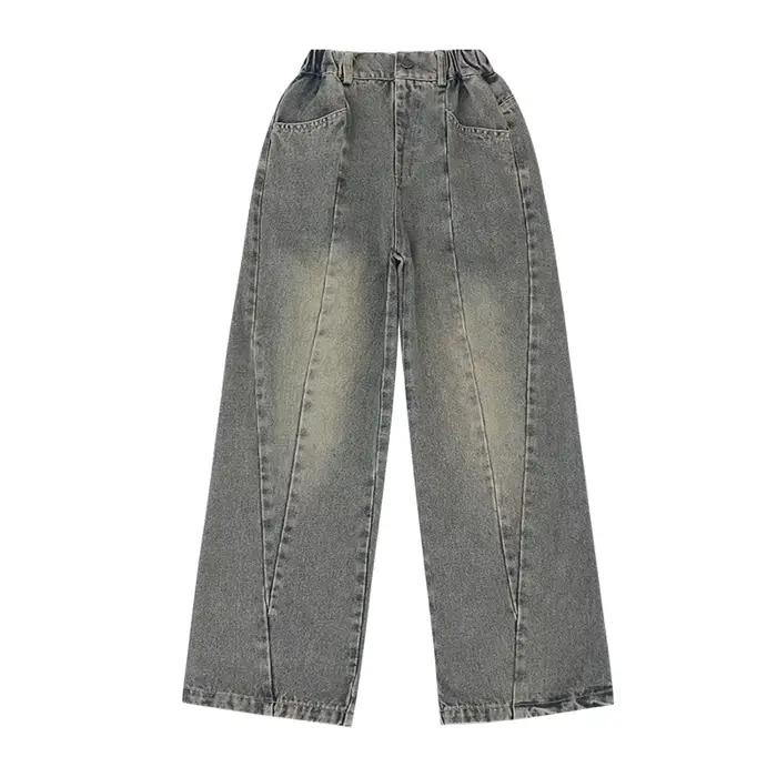 Jean bleu vintage à jambes larges pour filles, pantalon denim décontracté pour adolescentes, printem