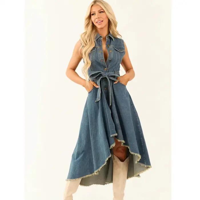 Robe longue en jean pour femme, coupe trapèze, col rabattu, sans manches, à lacets, élégante, pour s