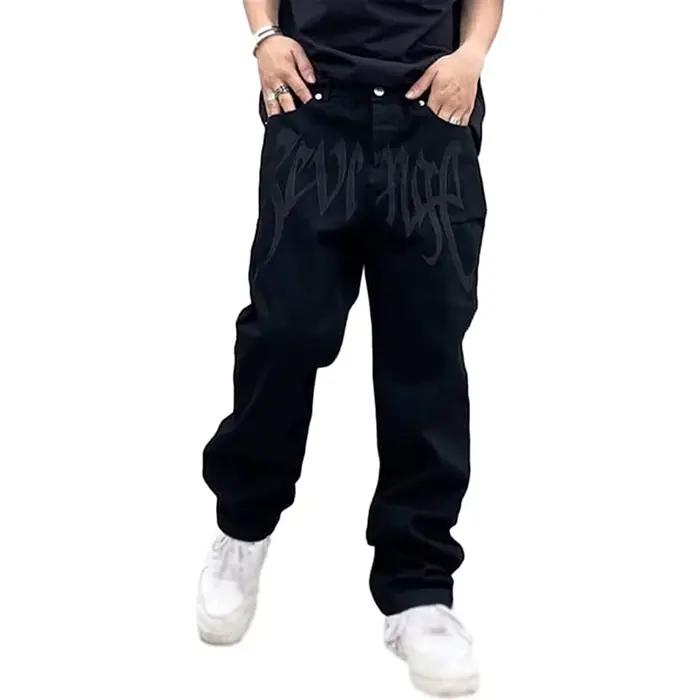 Jeans taille haute brodés pour hommes, Jeans College baggy, Jeans Hip Hop, Streetwear garçon adolesc