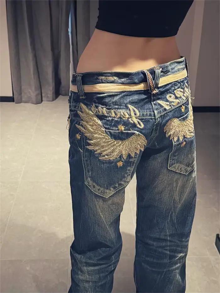 Jean brodé américain personnalisé avec ailes dorées pour enfants, pantalon Micro évasé taille basse,