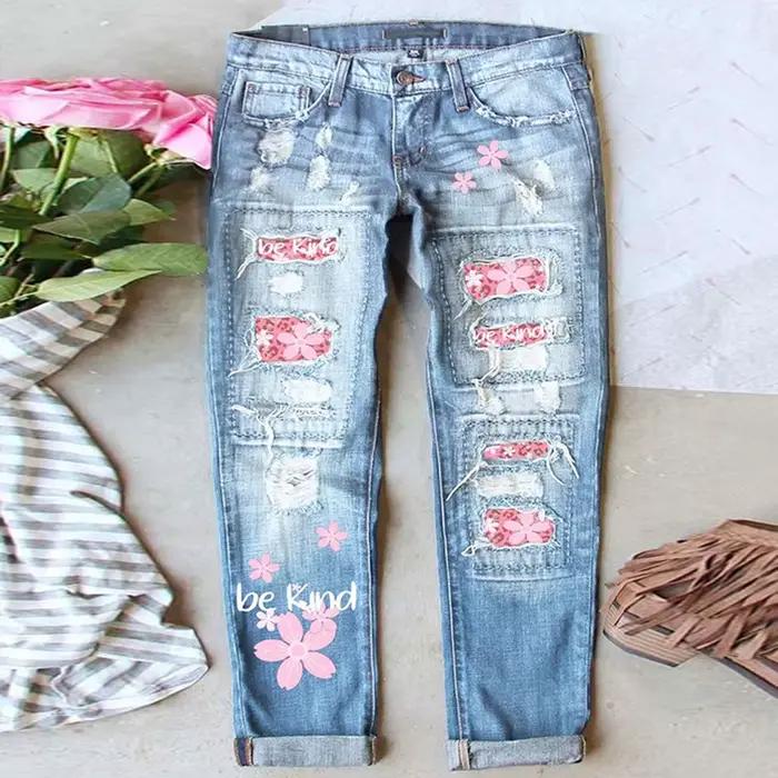 Pantalon en jean pour femme, coupe droite, taille mi-haute, délavé vintage, avec imprimé floral et d