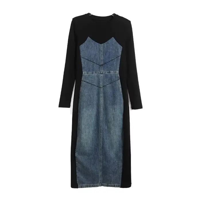Robe en Jean épissé à manches longues, noire, Slim, ligne a, rétro, élégante, automne printemps, bur