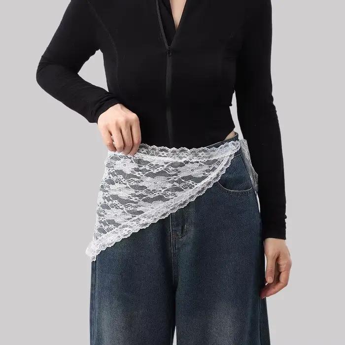 Jeans pantalons décor brodé fleur dentelle Mini jupe irrégulière voir à travers des jupes froncées t