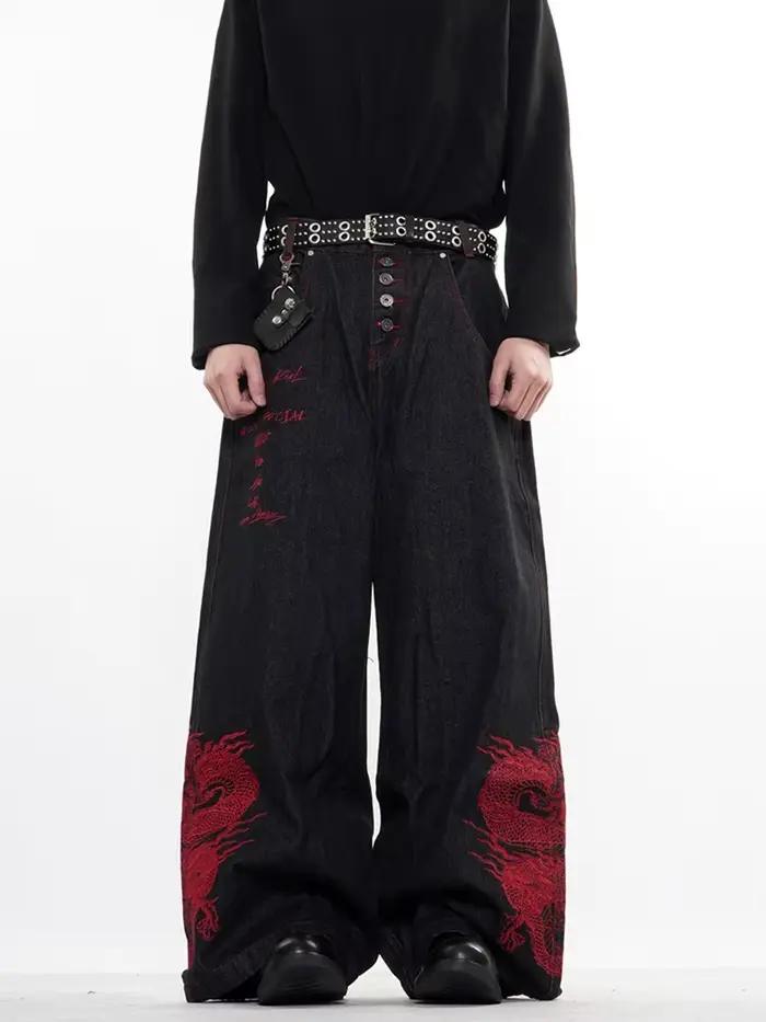 Nouveau Jean Baggy Brodé Dragon Rouge 2026 pour Hommes – Style Y2K Streetwear Punk, Pantalon en Deni