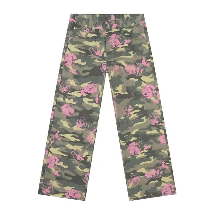 Jean camouflage streetwear américain pour femme, coupe droite ample, jambe large, style hip-hop déco