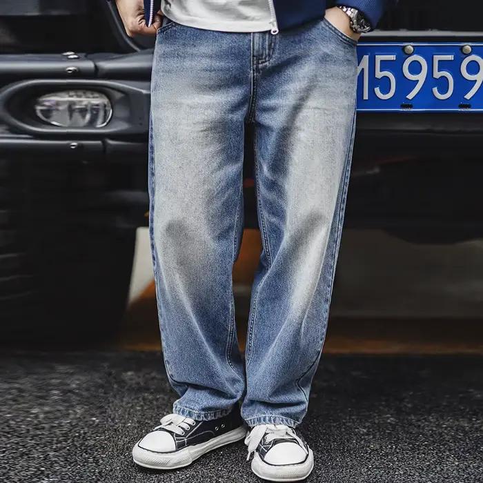 Maden-Jean en denim délavé pour homme, pantalon polyvalent, grande taille, droit, coton, moustaches 
