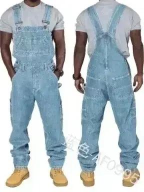 Hommes jean 2025 salopette hommes poches décontracté ample Long Denim pantalon mince épissure droite