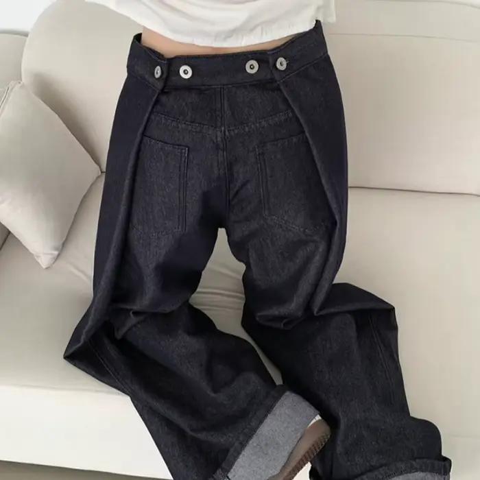 Taille boucle jean femmes élégant taille haute jambe large BF jean noir pantalon ample décontracté D