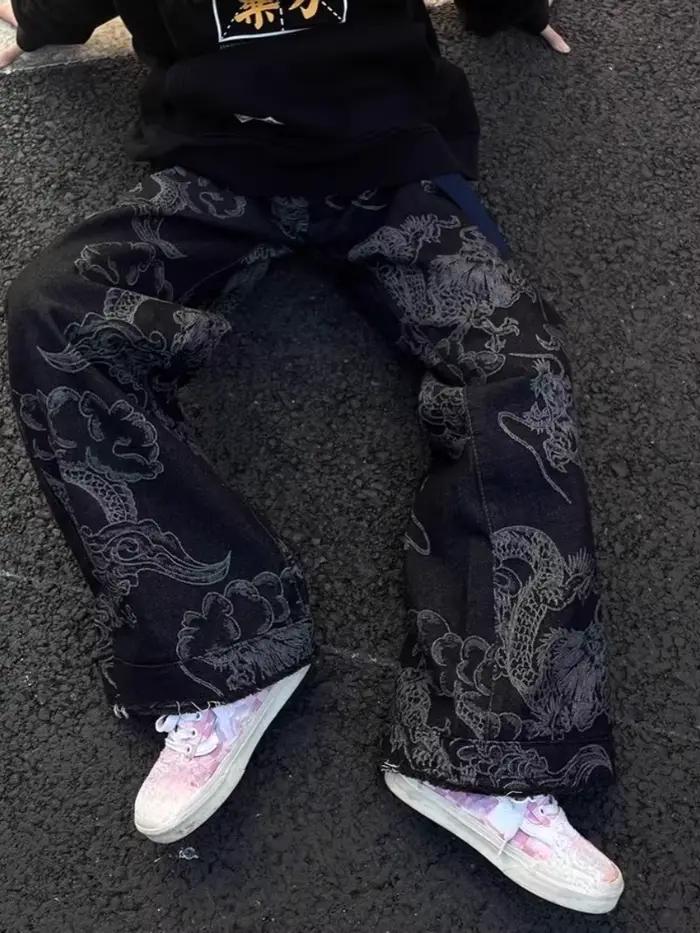 Jean Harajuku imprimé dragon pour femme, pantalon taille haute, droit, jambes larges, mode décontrac