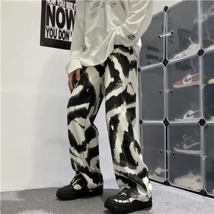 Streetwear zèbre imprimé jean hommes droit décontracté jambe large surdimensionné Denim pantalon Hip