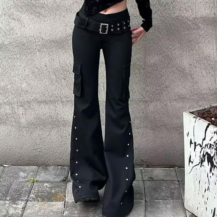 Y2K – jean Slim à rivets pour fille, rétro américain, taille haute, ceinture noire, Vintage, droit, 
