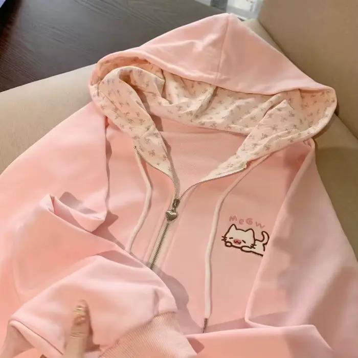 Manteau à capuche Harajuku coréen Kawaii pour femmes, Cardigan fin à manches longues avec fermeture 
