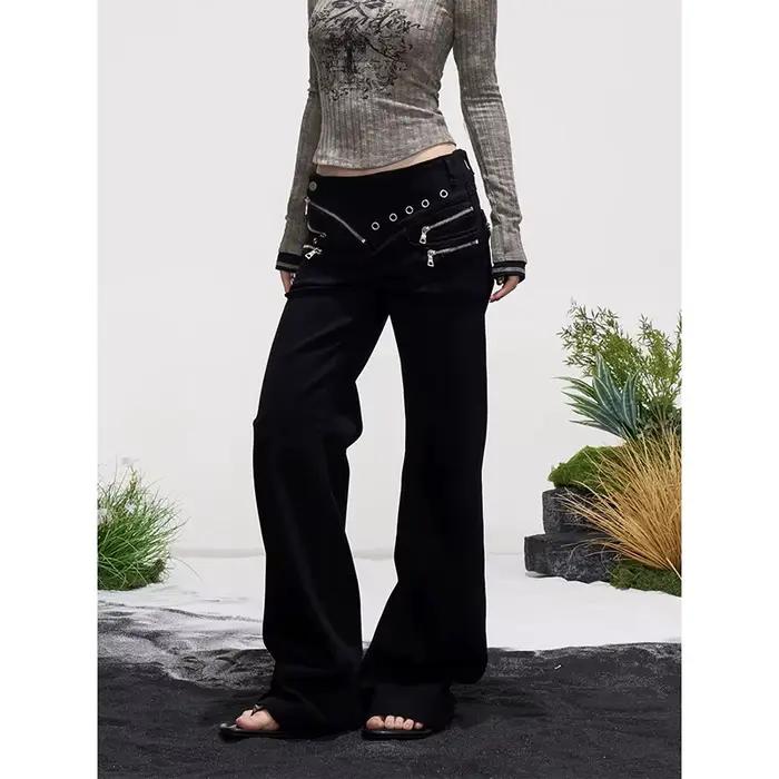 YIBASHU Jean évasé pour femme, taille basse, en denim avec fermeture éclair, coupe skinny japonaise,