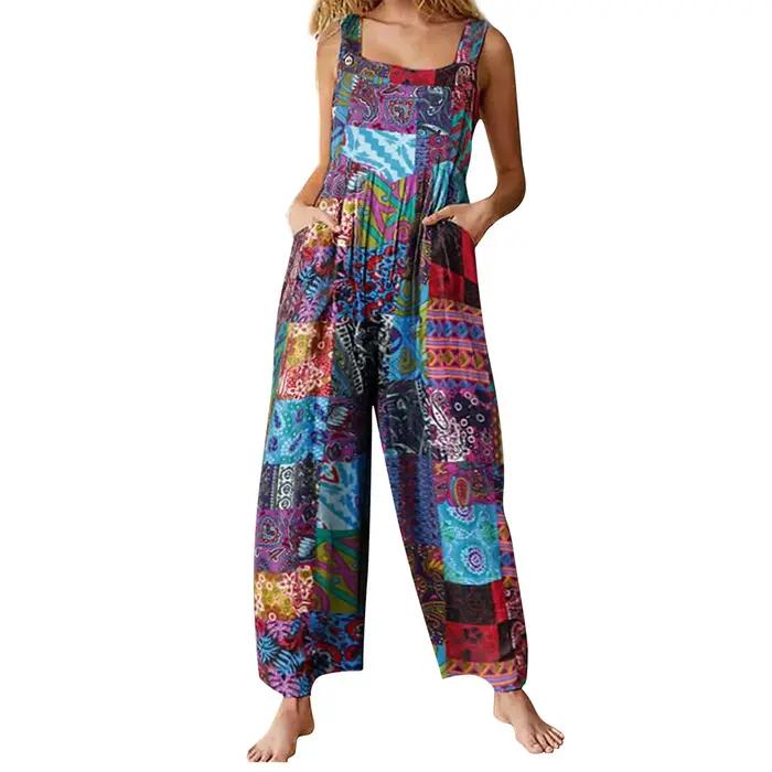 Salopette d'été multicolore pour femme, style ethnique, col carré, fibre, mode décontractée, combina