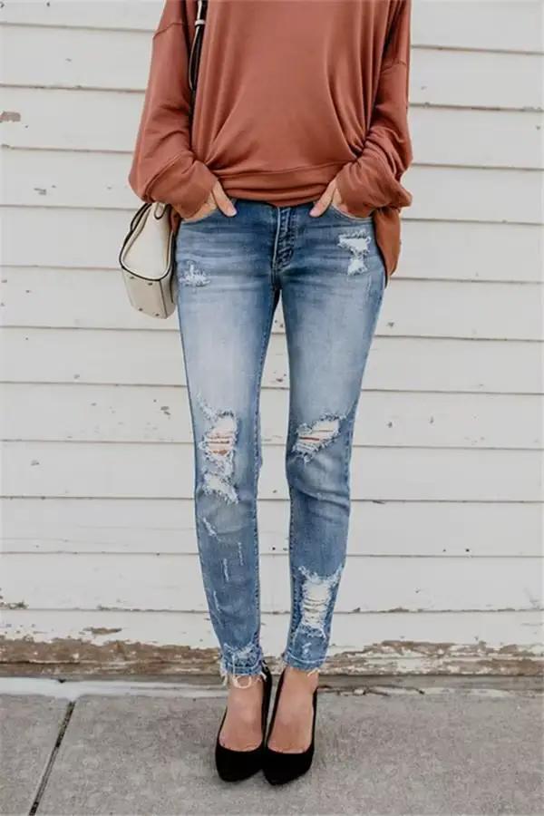 Vente chaude femme déchiré jeans mode à la mode stretch slim denim jeans street casual crayon pantal