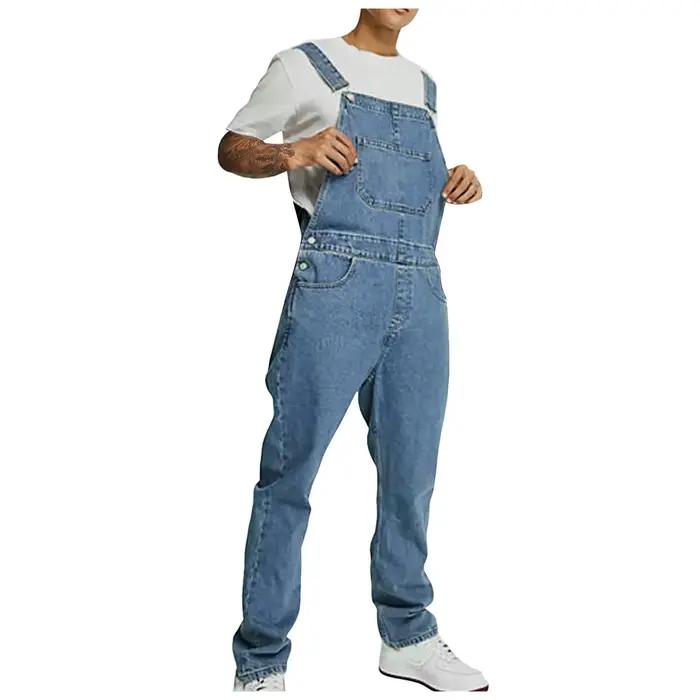 Combinaisons hommes jean Denim salopette poches décontracté ample Long Denim pantalon épissure droit