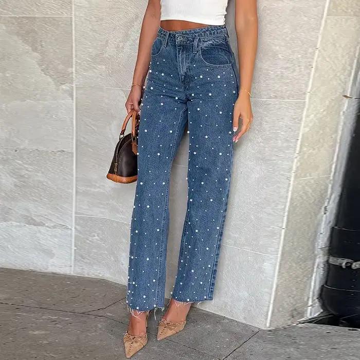 Mode pleine perle haute rue femme jean été nouveau Denim tout-match pantalon droit 2025 tige rugueus