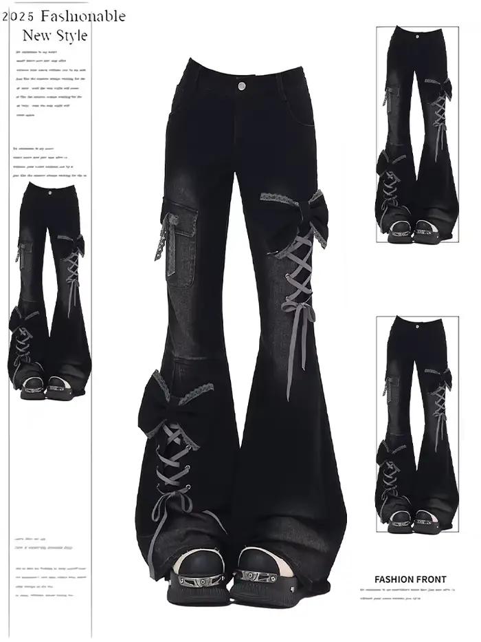Jean rétro à lacets pour femmes, taille basse, Slim, bas de cloche, Harajuku Y2k, pantalon évasé déc